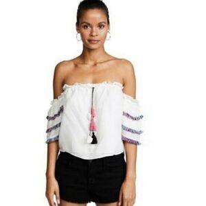 Red Carter x Anthropologie Off The Shoulder Tiered Fringe Sleeve Tassel Crop Top
